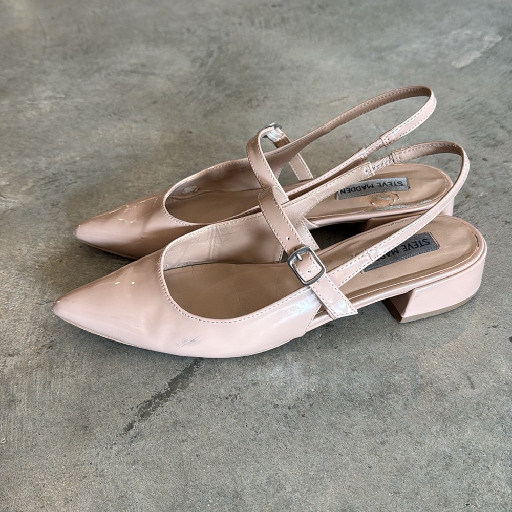 STEVE MADDEN Anyaa Nude Glossy Patent Leather Pointed Toe Slingback Flat 9.0